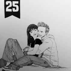 a drawing of two people sitting next to each other with the number twenty five behind them