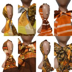 Vintage scarf lot. 60s and 70s. All autumn tones. Polyester.  1. Vintage 60s scarf. Darling scarf in a patchwork pattern. Brown, orange and yellow. Polka dots and florals. Polyester. Measures 58 x 4¾ inches Excellent condition! 2. Vintage 70s scarf. Gorgeous autumn tones of orange, cream and brown. Stripes. Eyelash petite fringe on the ends. Acetate blend. Made in Italy by Kayser (based on WPL#) Measures 54½ x 8½ inches Excellent condition! 3. Vintage 70s scarf. Gorgeous autumn tones of orange, 60s Scarf, 70s Scarf, Autumn Tones, Paisley Floral, Patchwork Patterns, Vintage Scarf, Paisley Design, Floral Stripe, Op Art