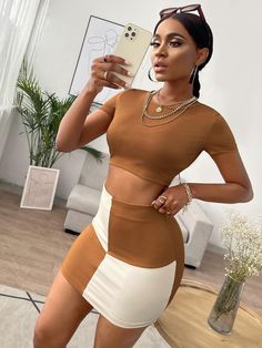 Brown Sexy Collar Short Sleeve  Colorblock  Embellished Slight Stretch Summer Women Co-ords Bodycon Skirt Outfit, Rok Outfit, Color Block Skirt, Rib Knit Top, Short Sleeve Cropped Top, Body Con Skirt, Casual Skirt, Skirt Outfits