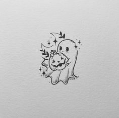 a black and white drawing of a ghost holding a pumpkin in its mouth with stars around it