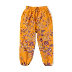 Sunshine Daydream Lounge Pants | Loungewear | Uncommon Goods Casual Floral Print Pants For Festival, Casual Yellow Harem Pants With Elastic Waistband, Traditional Yellow Pants For Summer, Cotton Bottoms With Floral Print For Festival, Cotton Floral Print Bottoms For Festival, Cotton Floral Print Festival Bottoms, Floral Print Cotton Harem Pants, Yellow Cotton Harem Pants For Spring, Yellow Bohemian Bottoms With Floral Print