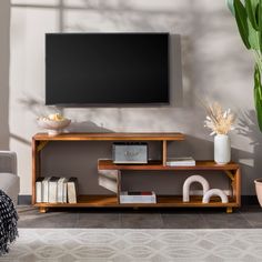 a living room with a large television on the wall and bookshelves in front of it