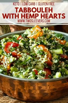 tabbouleh with hemp hearts in a copper bowl on top of a table