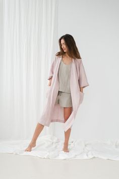 "Japanese style PETRA robe in dusty pink. - length is ± 115cm (45.3\") (depends on size) - three-quarter length kimono sleeves - wrap self-fabric twice tie belt - with pockets DETAILS: - 100 % European, pre-washed medium weight linen (205 g/m²) - the model is 180 cm (5′11″) high, wearing size S. - model measurements: bust 84 cm (33\") / waist 61 cm (24\") / hips 92 cm (36\") - color in the picture - dusty pink (you can choose other color on the right) MADE TO ORDER: All pieces are made to order, Spring Kimono With Relaxed Fit, Feminine Open Front Robe For Loungewear, Feminine Long Sleeve Robe For Home, Comfortable Long Spring Sleepwear, Spring Sleepwear With Pockets For Relaxation, Feminine Long Sleeve Home Robe, Long Sleepwear For Spring Relaxation, Pink Summer Sleepwear With Pockets, Pink Sleepwear With Pockets For Summer