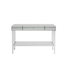 a white table with two drawers on each side and one drawer at the top, in front of a white background