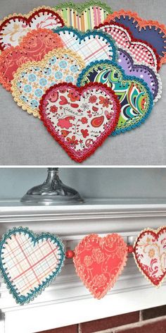 heart shaped doily hanging on the mantle in front of a fire place and below