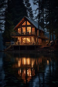 a cabin is lit up at night on the water's edge with its lights on