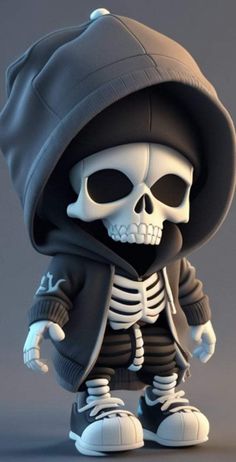 a cartoon skeleton wearing a hoodie and sneakers