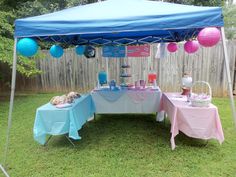 a blue and pink party tent set up in the backyard for a baby shower or birthday celebration