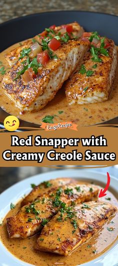 red snapper with creamy crocke sauce is shown in two different pictures, and the same image has been altered