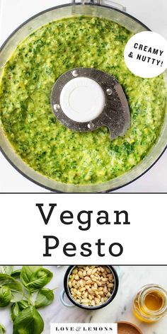 vegan pesto in a food processor with ingredients around it and the words, creamy & nutty