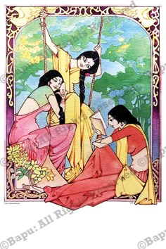 an image of two women on a swing with flowers in their hand and one woman holding a book