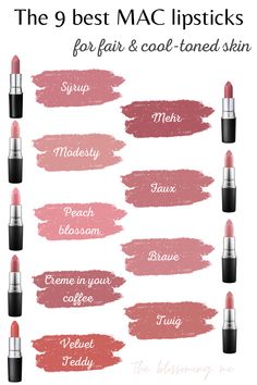 A pretty lipstick ties your whole makeup look together. However, picking out the perfect color is easier said than done. Especially if your skin is more fair, not every color is very flattering on you. This post is to help you figure out your next lipstick buy. Here are my recommendations for the best MAC lipsticks for fair & cool-toned skin! Pink Brown Lipstick, Lipstick Color Palette, Mac Faux Lipstick, Warm Pink Lipstick, Pink Lipstick Mac, Natural Pink Lipstick, Summer Lipstick Colors, Winter Skin Tone, Pretty Lipstick