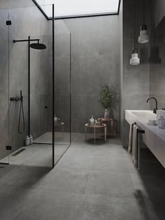 small bathroom ideas remodel half baths paint colors Makeover Kamar Mandi, Grey Bathroom Tiles, Bilik Air, Concrete Bathroom, Grey Bathroom, Steam Showers Bathroom, Tile Inspiration, Bathroom Tiles, Steampunk Style