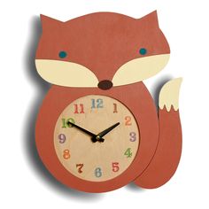 a wooden clock with a red fox face and numbers on it's face is shown