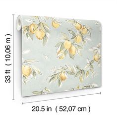 an image of a wallpaper with lemons and leaves on it, measurements for the width