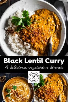 black lentil curry with white rice and garnished with parsley on top