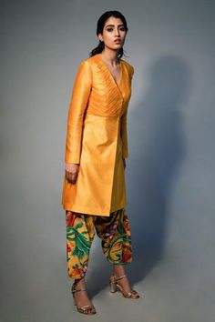 Shop for Saksham Neharicka Yellow Chanderi Kurta And Patiala Pant Set for Women Online at Aza Fashions Fitted Kurta With Set-in Sleeves For Festive Occasions, Fitted Pant Set For Navratri Designer Wear, Fitted Cotton Silk Palazzo Set For Navratri, Fitted Straight Kurta Pant Set For Navratri, Festive Fitted Kurta With Set-in Sleeves, Fitted Pant Set With Straight Kurta For Navratri, Traditional Kurta With Set-in Sleeves For Work, Festive Fitted Kurta For Workwear, Fitted Palazzo Set For Workwear