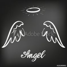 two angel wings with the word angel written in white chalk on a blackboard background