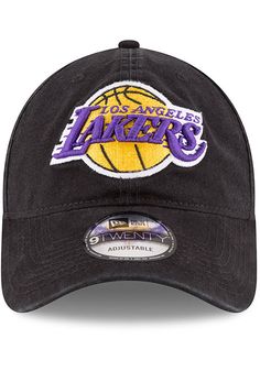 This Los Angeles Lakers Black Adjustable Hat features a front embroidered team logo on a lightly-structured cotton crown, with pre-curved visor and adjustable backstrap. Team logo embroidered on the front, Cloth Strap Closure to dial in the perfect fit, Relaxed, unstructured fit, Pre-curved bill, 100% cotton construction, New Era Flag logo on side, Dad hat, 100% Cotton, Washable, Imported Fan Merchandise Visor Hat With Embroidered Logo, Collegiate Team-colored Cotton Baseball Cap, Collegiate Cotton Baseball Cap For Fans, Collegiate Cotton Baseball Cap For Fan Merchandise, Cotton Snapback Baseball Cap For Fans, Dad Cap With Embroidered Logo For Fan Gear, Throwback Sports Visor Hat, Fan Gear Hat With Embroidered Logo, Sporty Cotton Hats For Fan Merchandise