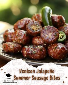 a plate filled with meatballs and peppers on top of a wooden table next to a green pepper