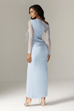 Its from our lightweight organza mesh fabric, blended with the purest, most luxurious mulberry silk in a pretty pastel blue hue. 'Dua’ is one of the highlights of our new season collection. Featuring an off shoulder neckline with pretty adjustable shoulder that create a beautiful shape around the neck and ruched effect gently down through the bust. The delicate gathering throughout flatters your figure and the sleeves fit slim through the arms. The close fit is enhanced by the special soft inner Mesh Long Sleeve, Pretty Pastel, Pastel Blue, Mulberry Silk, Blue Hues, Cut Out, Off Shoulder, Maxi Dress, Silk