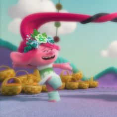 a cartoon character is dancing in the middle of a field with flowers on her head