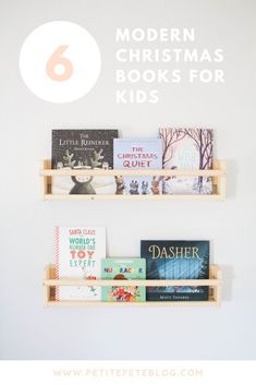 bookshelves with text overlay that reads 6 modern christmas books for kids on them