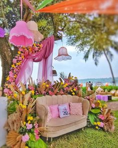 Boho Decor Ideas With Pampas Grass And Colourful Florals In A Garden Mehendi Ceremony. Mehendi Decor Ideas Latest, Mehendi Function Decoration, Boho Mehendi Decor, Mehendi Decoration Ideas, Mehendi Decoration, Mehndi Event, Ambience Decor, Mehndi Decoration