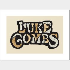 the words luke comps are painted in black and gold on a white background with an orange