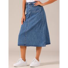 The basic design creates a casual yet stylish look, a must-have in any woman's wardrobe. This jean skirt features a classic denim fabric with a drape. The flap pockets add a trendy and functional element to the skirt, providing extra storage space. Pair it with a fitted blouse and heels for a chic and sophisticated look, or go for a more casual vibe by pairing them with a graphic tee. Fitted Blouse, Lined Jeans, Basic Design, Denim Maxi Skirt, High Rise Denim, Women's Wardrobe, Bottom Clothes, Jean Skirt, Extra Storage