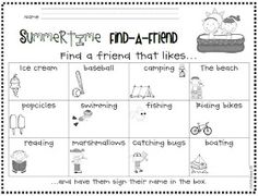 the summer time end - a - friend worksheet with pictures and words on it