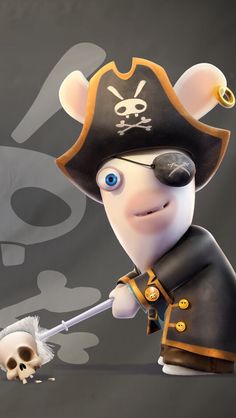 a cartoon character with a pirate hat and eye patch holding a skull on a stick