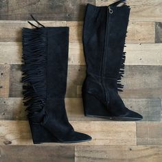 Denim And Supply Darcie Fringe Suede Leather Black Wedge Knee High Boots Sz 7.5 Pre Owned Pls See Pics For Condition And Wear Scuffs And Discoloration On Leather Suede Leather Fringe And Upper And Wrapped Heels Zipper Side, Elastic On Calf 3" Wedge Heel 18" Length 15.5" Calf Circumference Bin#5 Bin#5 Black Wedge, Ralph Lauren Shoes, Denim And Supply, Leather Fringe, Shoes Heels Boots, Wedge Heels, Knee High Boots, High Boots, Denim Women