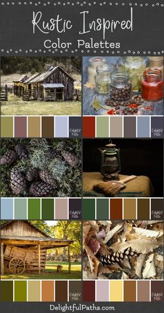 the color palettes for rustic inspired colors are shown in different styles and sizes, including pine