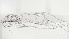 a black and white drawing of a naked woman laying on a bed with her eyes closed