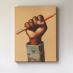 a painting of a hand holding a pencil