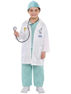 a little boy dressed in a doctor costume