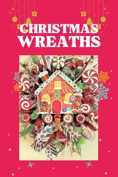 a christmas wreath made out of candy canes on top of a pink background with the words, christmas wreaths