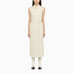 Ivory Calvin Klein midi dress with waistband, button fastening and two flap pockets on the front. Top Designer Brands, Calvin Klein Dress, High End Fashion, Fashion Item, Day Dresses, Fashion News, Calvin Klein, Tops Designs, White Dress