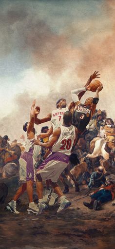 a painting of men playing basketball in front of a crowd