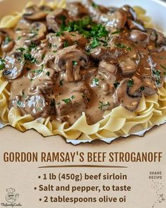 an advertisement for gordon ramsay's beef stroganoni with pasta and mushrooms