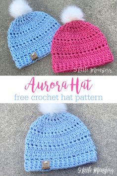 two crocheted hats with pom - poms on the top and bottom