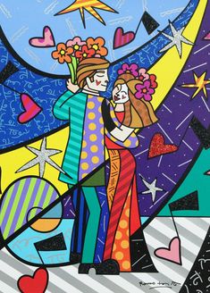 a painting of two people standing next to each other with hearts and stars around them