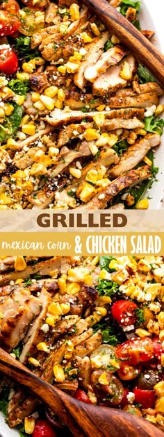 grilled mexican corn and chicken salad on a white plate with wooden utensils