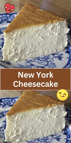 new york cheesecake on a blue and white plate