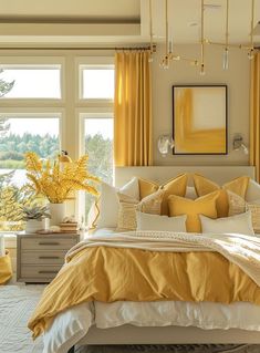 a bedroom with yellow drapes and white bedding in front of large windows that overlook the water