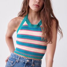 New Without Tags! Size Small Blue Retro Knit Tops, Retro Blue Knit Top, Retro Blue Tops For Day Out, Striped Halter Top, Knit Tie, Striped Knit, Zara Tops, Halter Top, A Fan