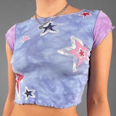 y2k-kawaii-fashion-2000s Stars Print Crop Top-Purple-S-Pinky Dollz 90s Style Stretch T-shirt For Summer, Casual Stretch Top With Star Print, Purple Y2k Crew Neck Top, Trendy Fitted Tops With Star Print, Fitted Star Print T-shirt For Summer, Purple Y2k Crop Top For Summer, Purple Y2k Style Summer Crop Top, Trendy Spring Top With Star Print, Trendy Star Print Summer Tops