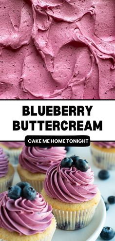 blueberry buttercream cupcakes with pink frosting and blueberries on top